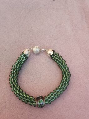 Kumihimo Green Bracelet with Unique Bead And Silver Magnetic Clasp Handmade